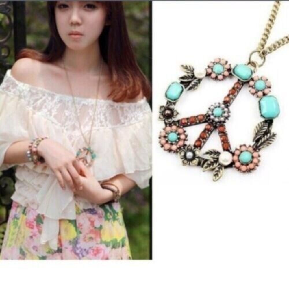 Peace Sign Necklace NEW Boho Festival Turquoise Gold Beaded Flower Retro NWT